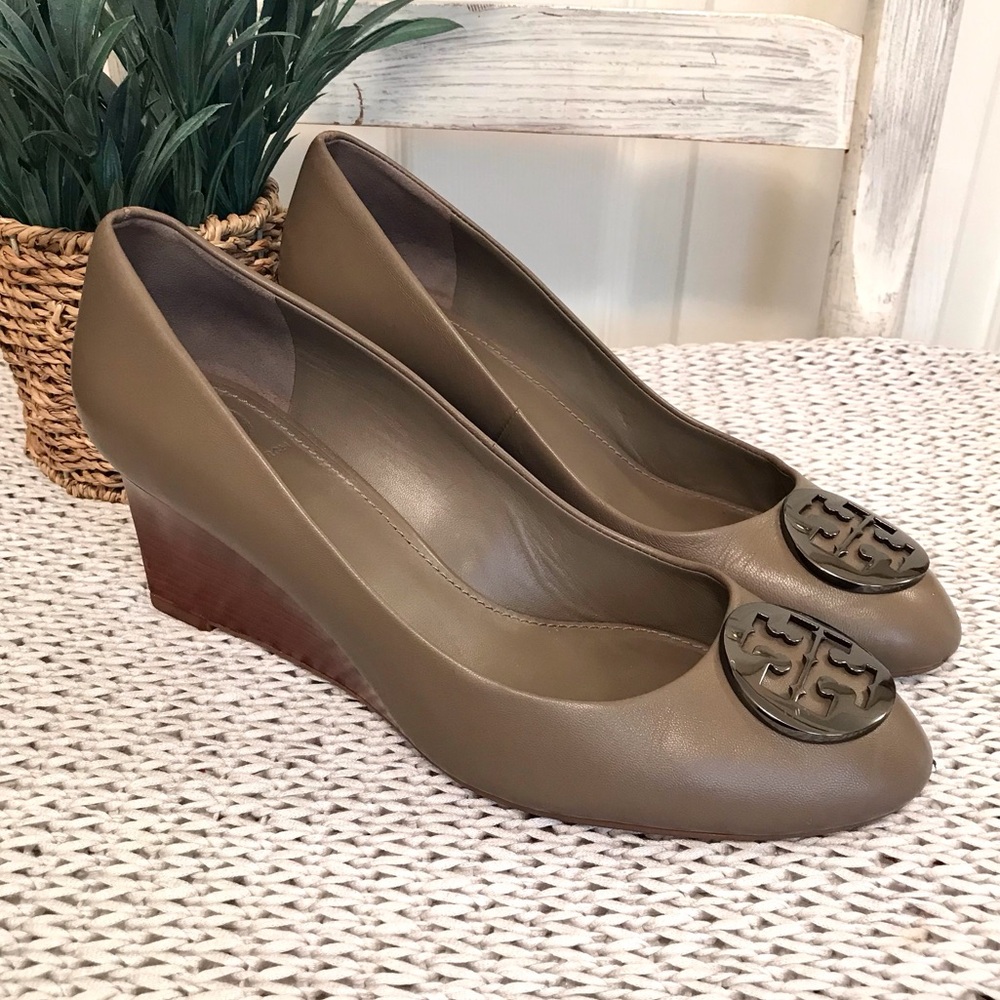 Tory Burch Benton Leather Closed Toe Wedge Pump Taupe